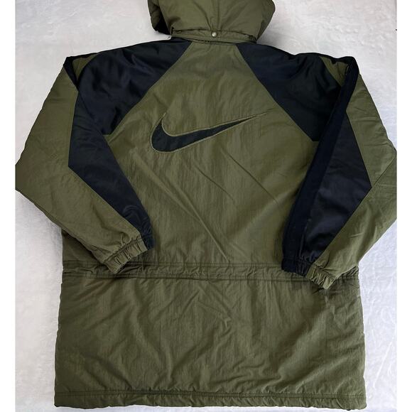 Nike Vintage Olive Green Hooded Puffer Jacket Coat Men's size Large Back Swoosh - Picture 1 of 10